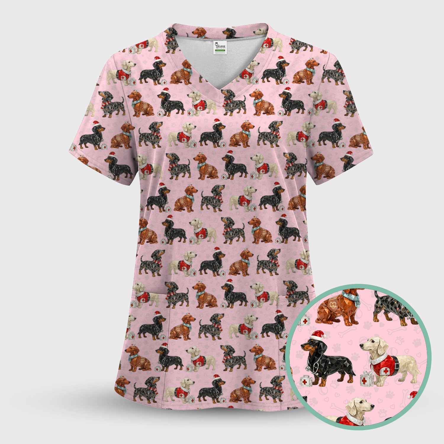 Funny Dachshund Christmas Dog Nurse Scrub Top, Holiday Puppy Medical Uniform Shirt For Nursing