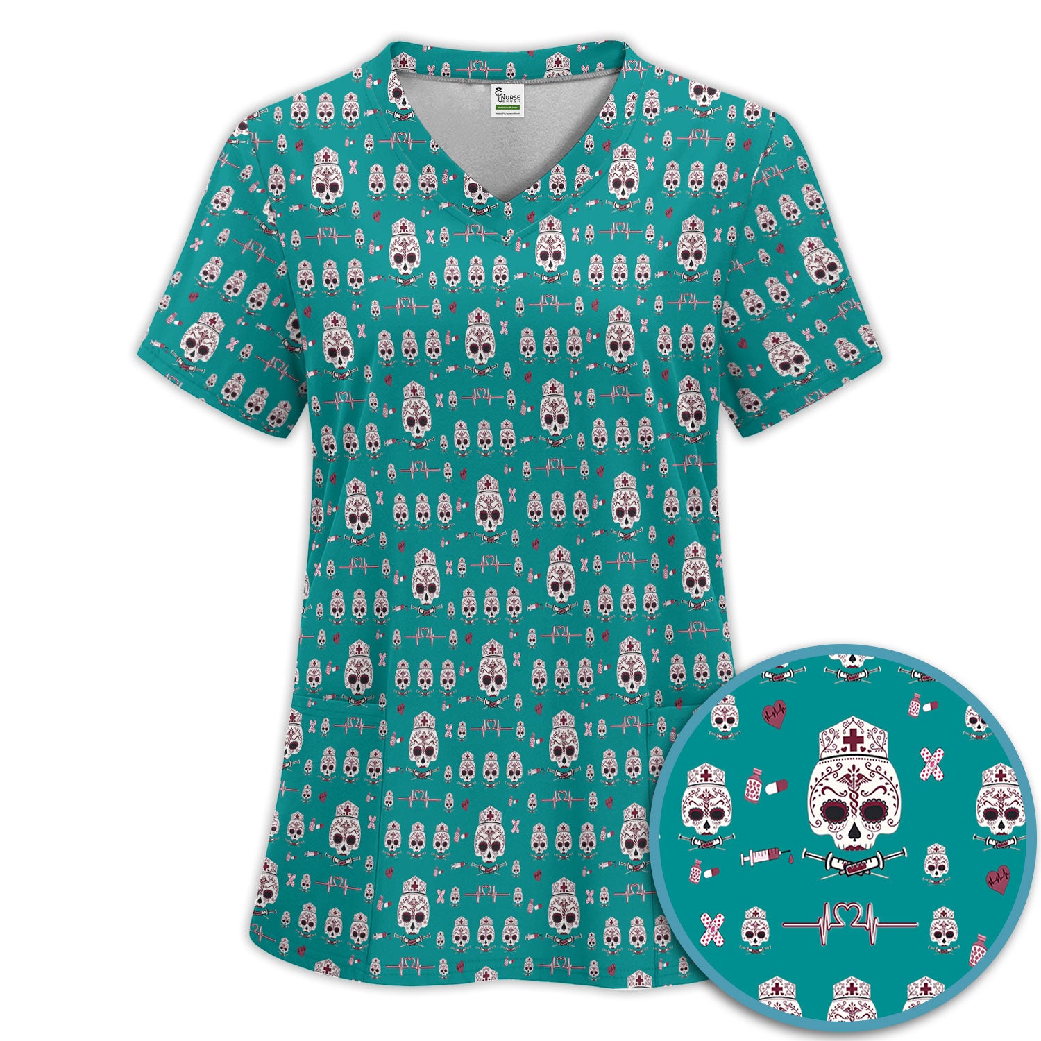 Sugar Skull Scrub Set, Skull Pattern Scrub Shirt, Breathable Fabrics Nursing Uniform