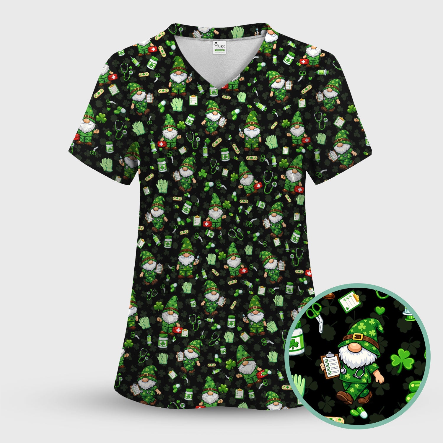 St. Patrick’s Day Nurse Gnome Scrub Top, Green Lucky Medical Pattern Nurse Shirt, Breathable Fabrics Nursing Uniform