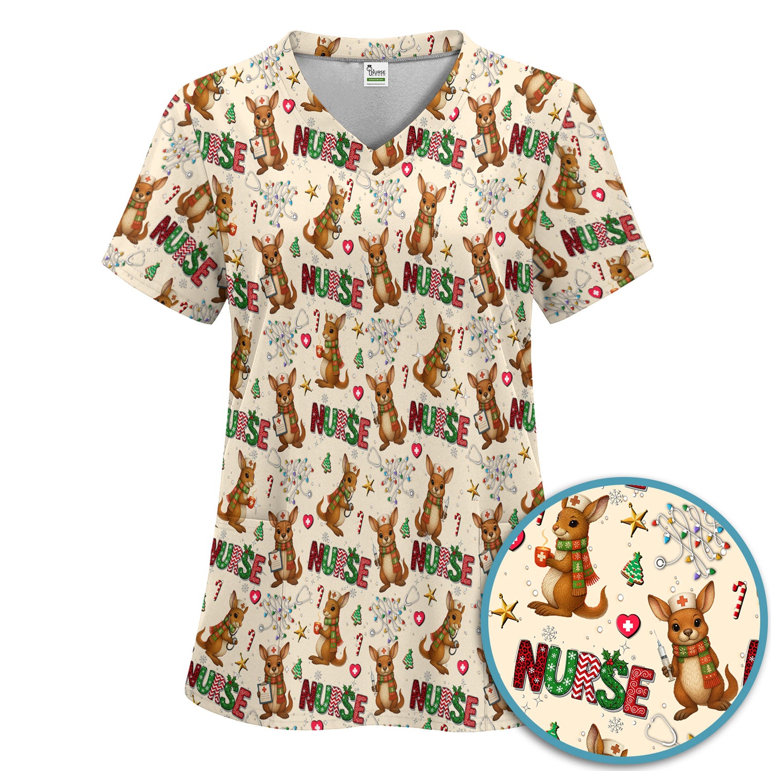Aussie Kangaroo Christmas Scrub Set - Funny Holiday Nurse Shirt and Pants for Women - Cute Animal Medical Uniform