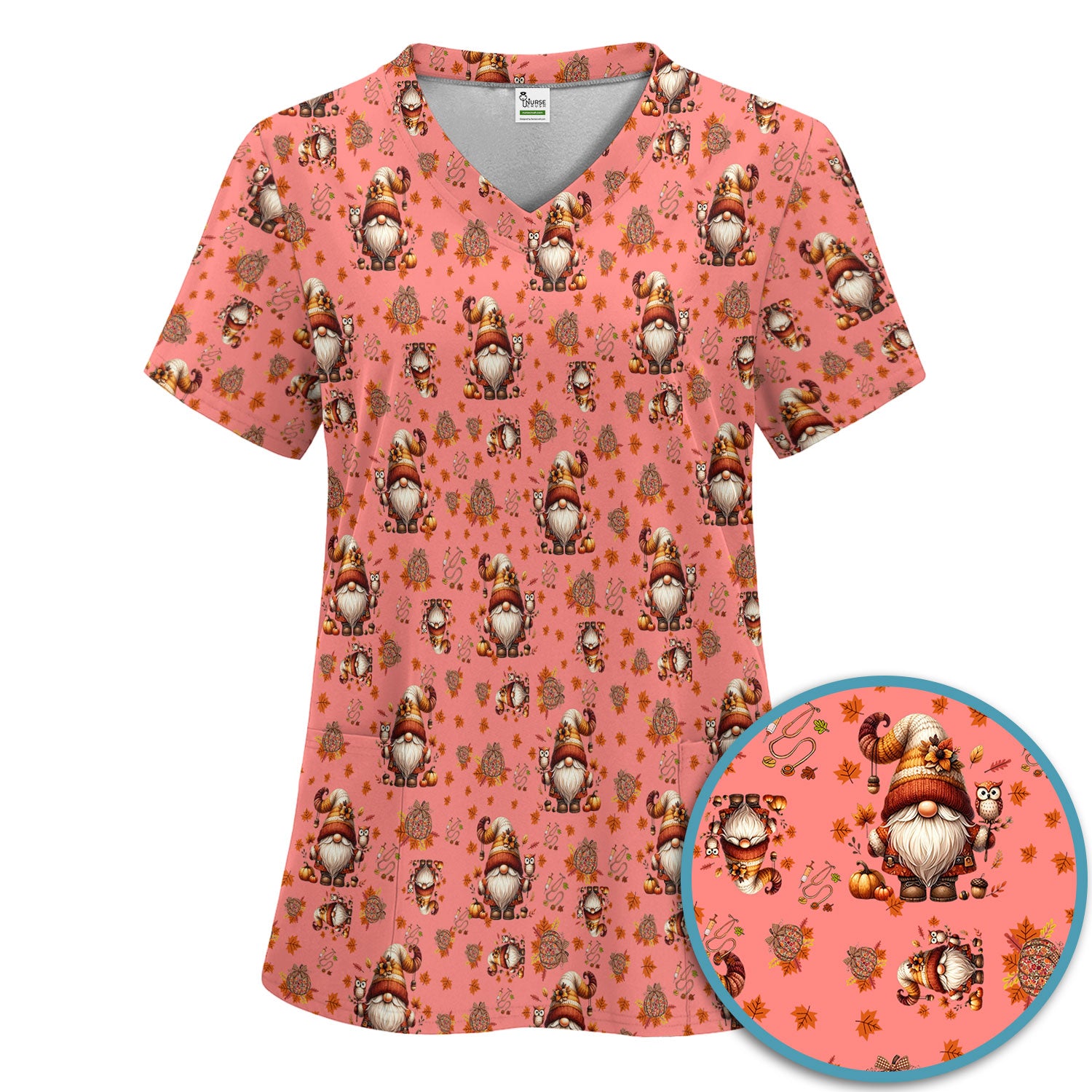 Fall Gnome Women's Scrub Sets - Autumn Leaves Pumpkin Scrub Pants and V Neck Top - Thanksgiving Nursing Uniform
