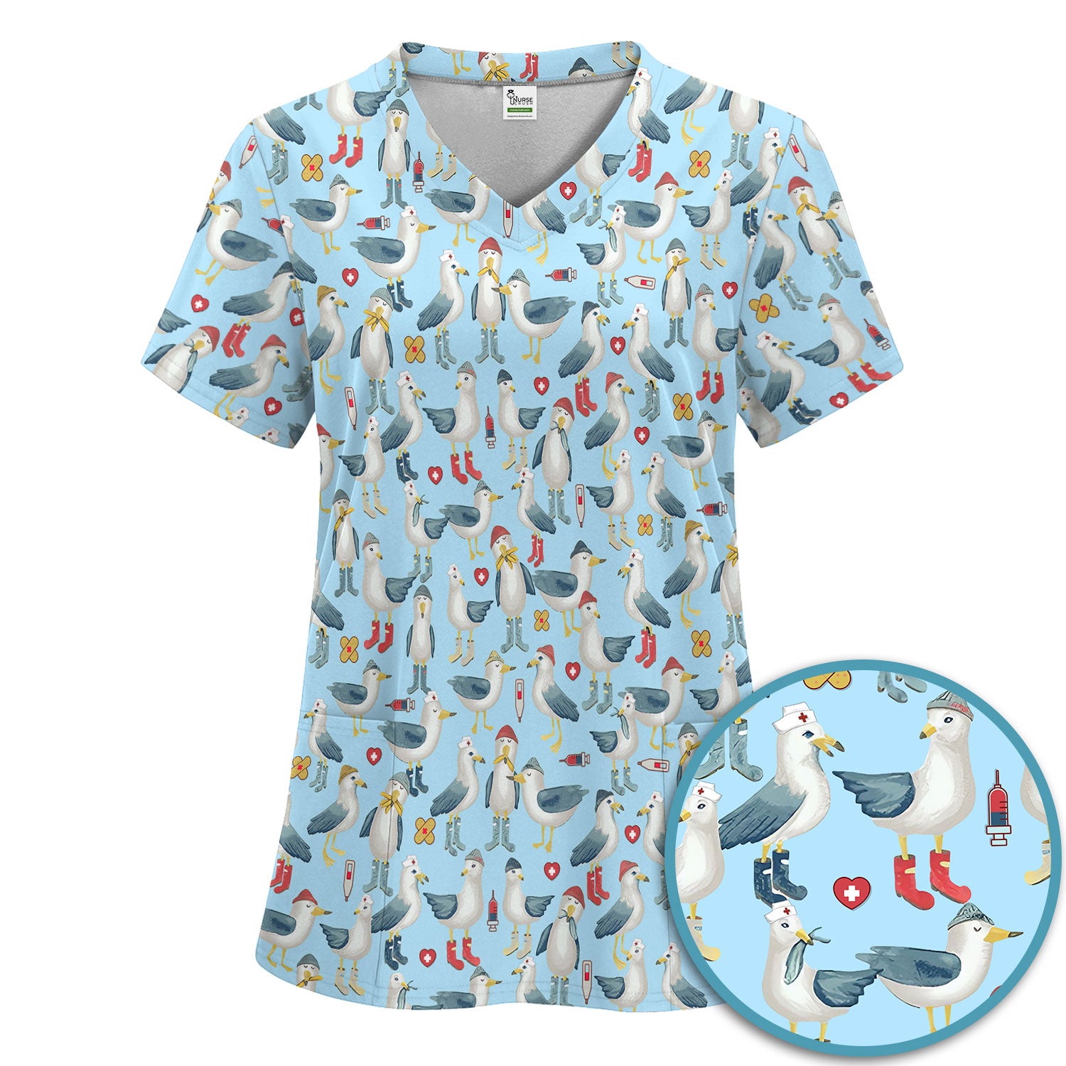 Funny Seagull Nurse Scrub Set - Cute Bird with Medical Icons Scrubs Pants and V Neck Top - Comfortable Scrubs for Women