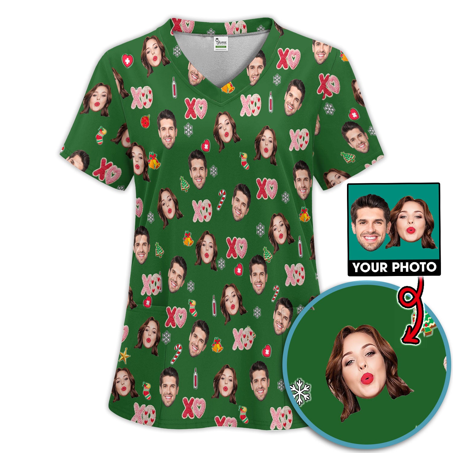 Personalized Photo Scrub Set, Custom Face XOXO Scrub Shirt, Breathable Fabrics Nursing Uniform