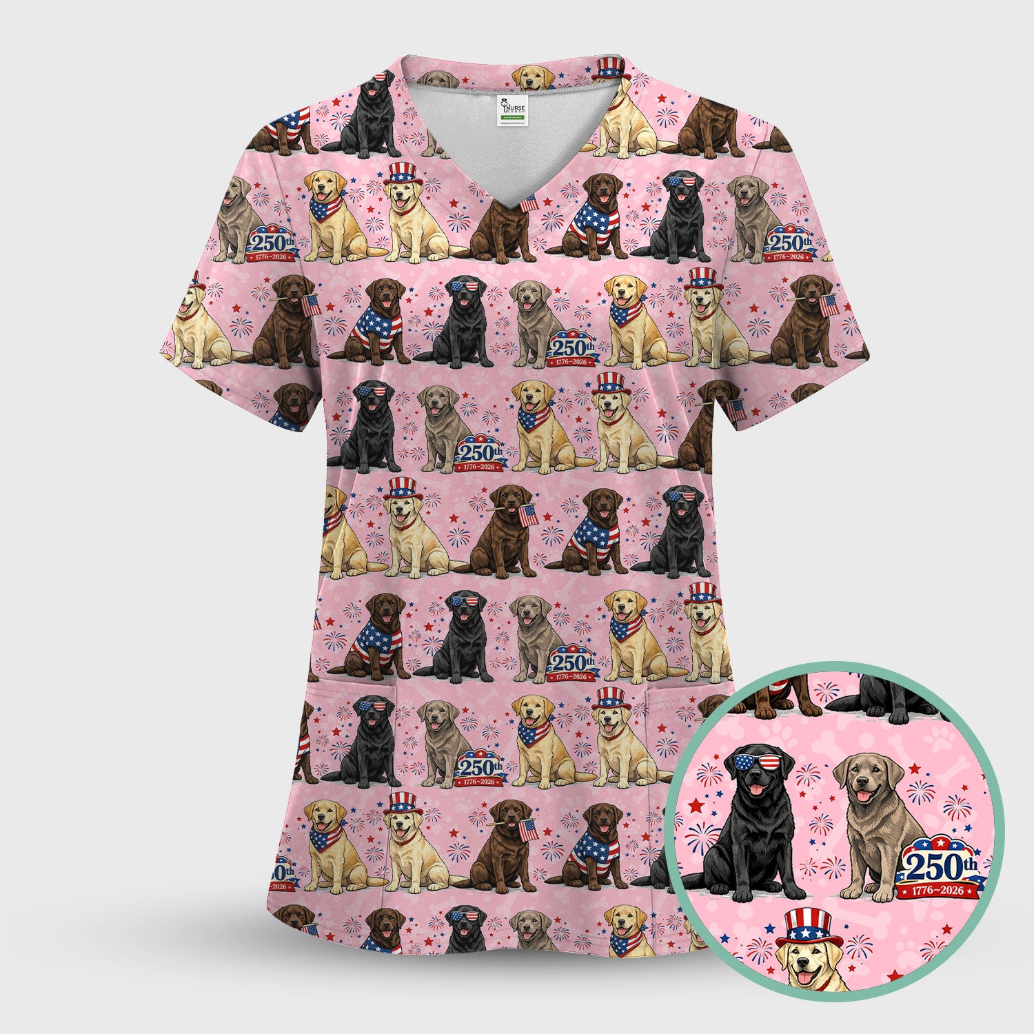 4th of July Labrador Dog Patriotic Print Scrub Set, Scrub Pants and V Neck Top