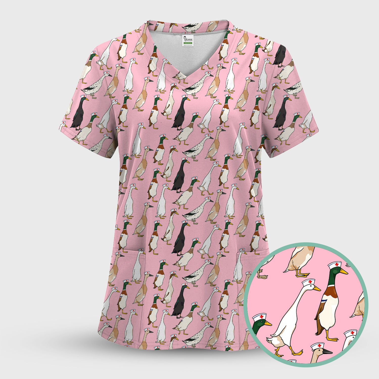 Funny Nurse Duck Pattern Scrub Top, Comfortable Scrubs for Nurses