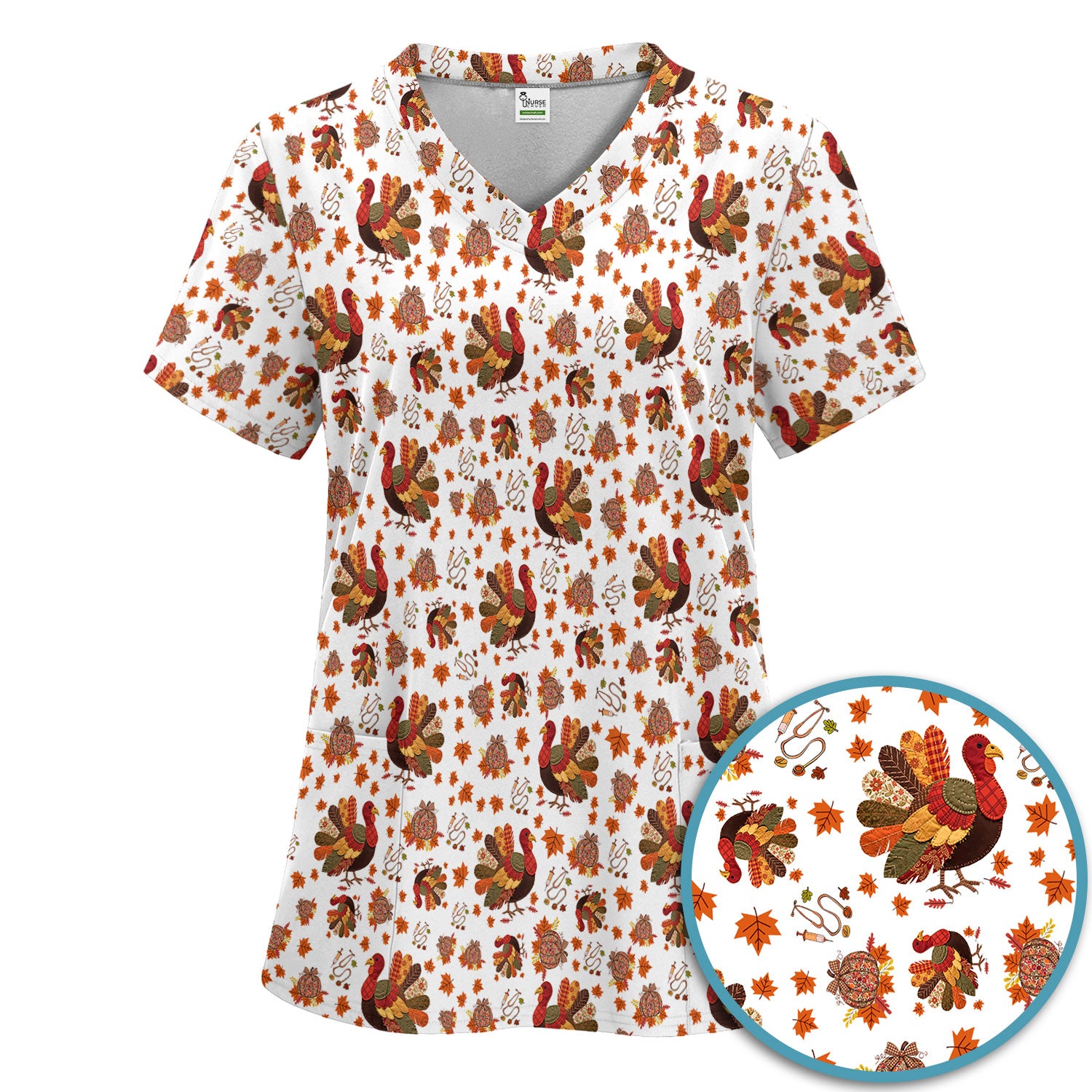 Thanksgiving Turkey Nurse Scrub Sets for Women - Fall Leaves Scrub Pants and V Neck Top - Autumn Nursing Uniform