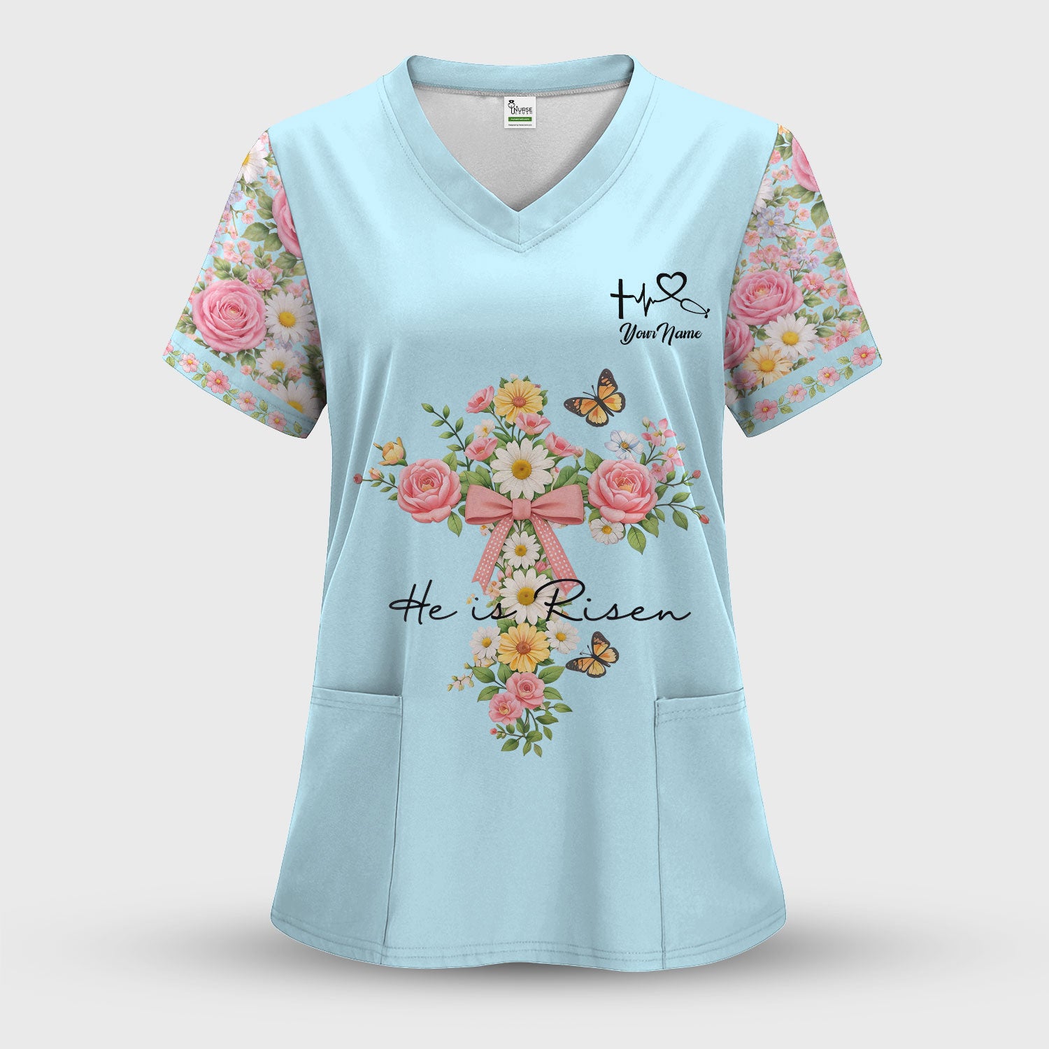 Personalized Meaningful Easter Nurse He Is Risen Floral Cross Bow Pattern Scrub Top, Comfortable Scrubs for Nurses