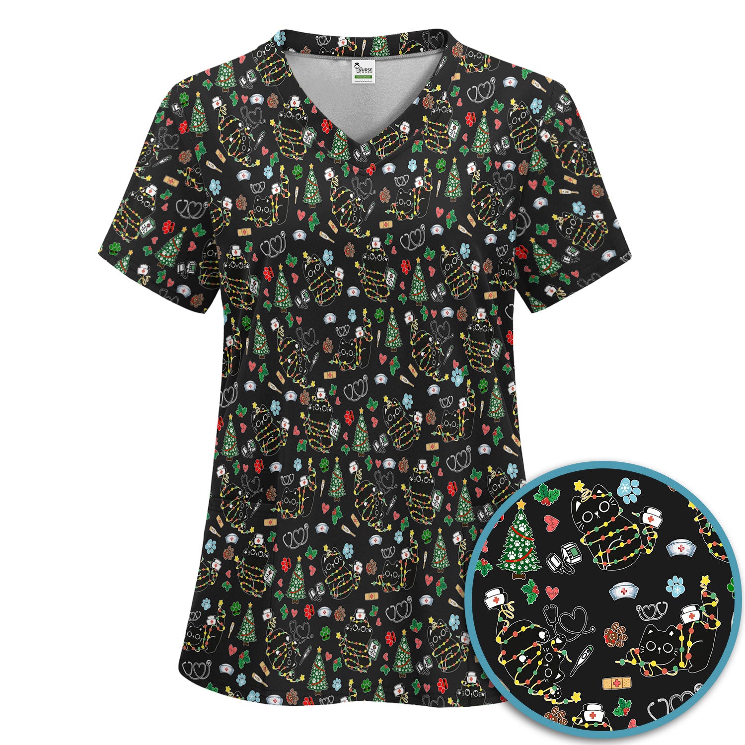 Funny Black Cat Christmas Scrub Set – Cute Holiday Kitty Pattern – Festive Medical Uniform for Nurses, Vets, and Cat Lovers