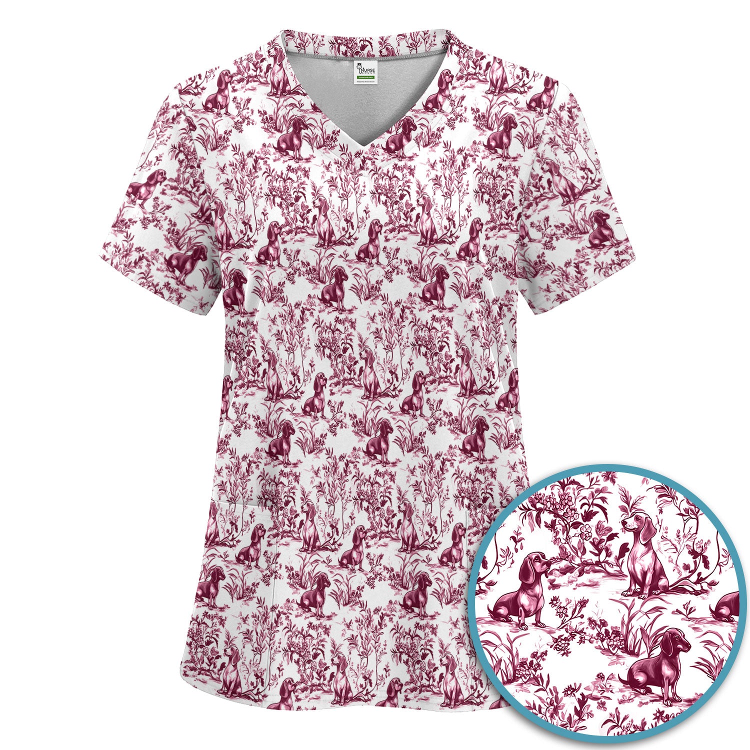 Toile de Jouy Dog Scrub Set – Elegant Blue Dachshund Pattern – Cute Medical Uniform for Nurses, Vets, and Animal Care Workers