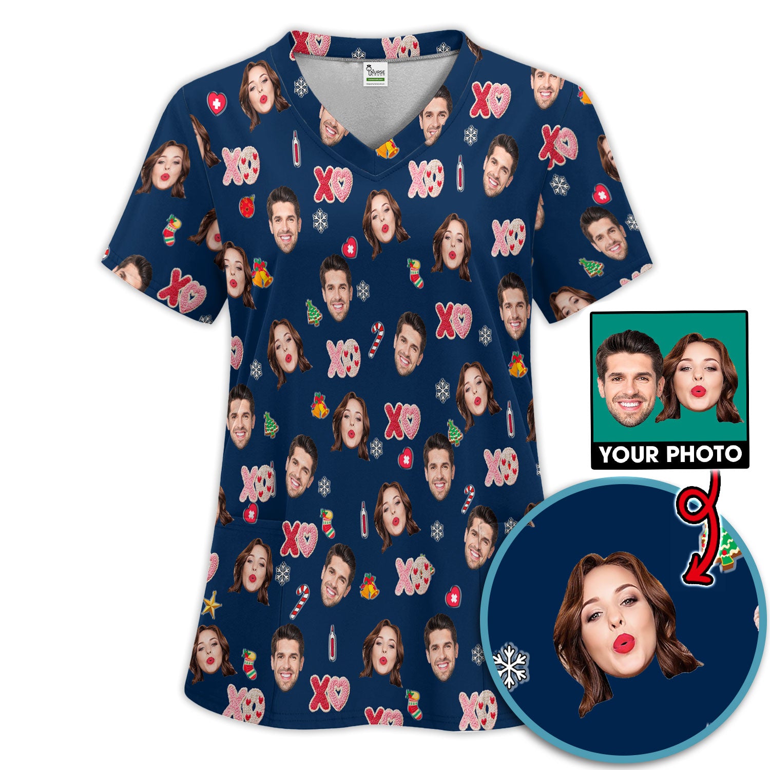 Personalized Photo Scrub Set, Custom Face XOXO Scrub Shirt, Breathable Fabrics Nursing Uniform