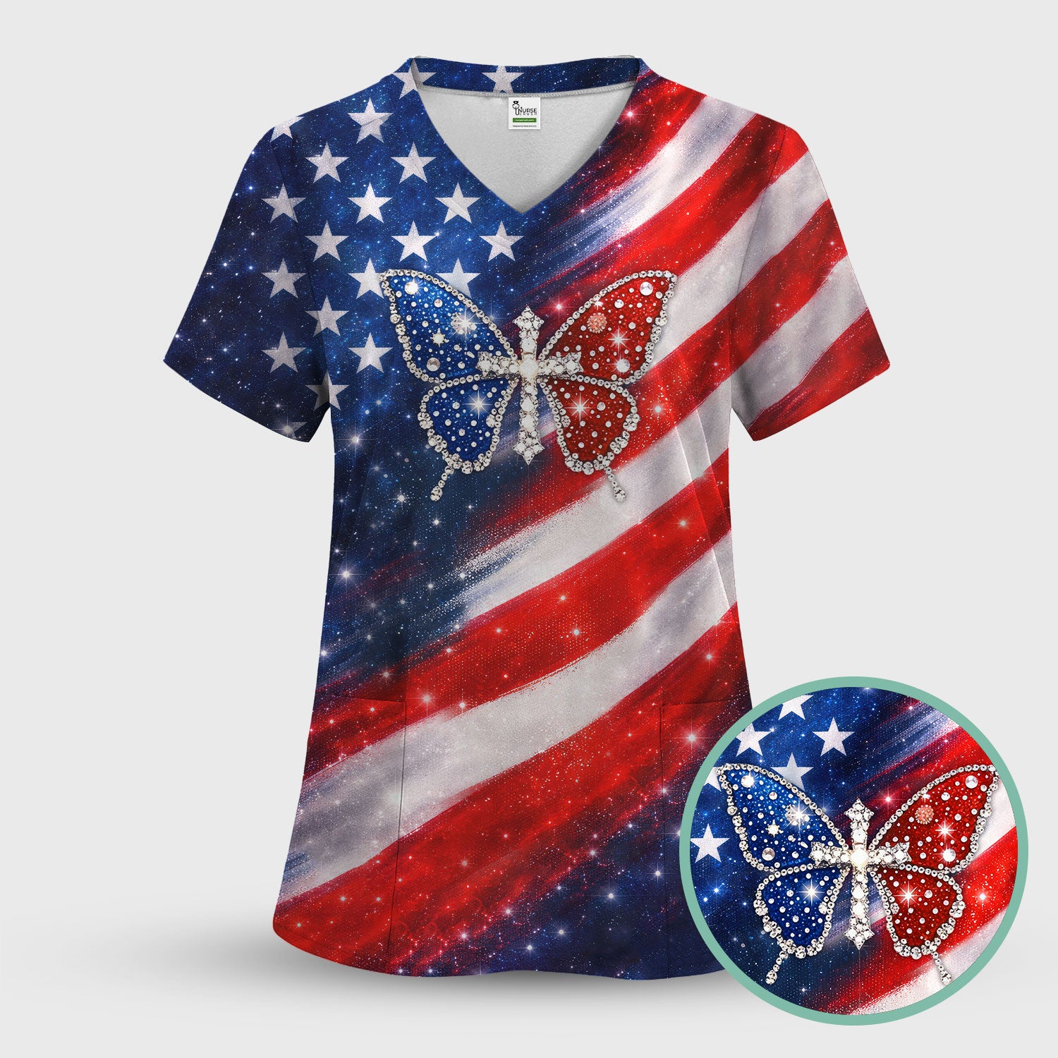 USA Flag Glitter Butterfly Rhinestone Pattern Scrubs Top, Breathable Fabrics Nursing Uniform