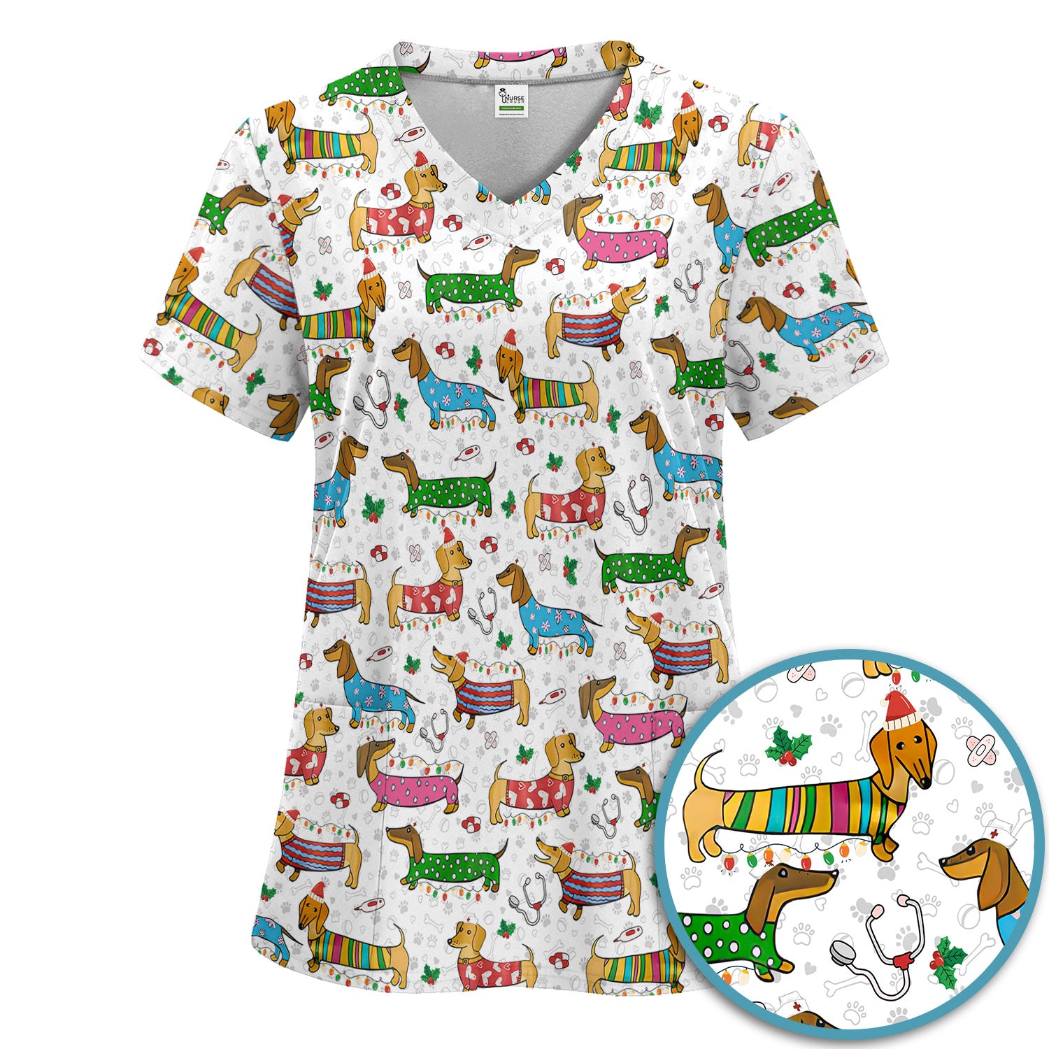 Christmas Scrub Set for Women - Funny Dachshund Scrubs Pants and V Neck Top - Cute Holiday Medical Uniform Gift for RN LPN CNA