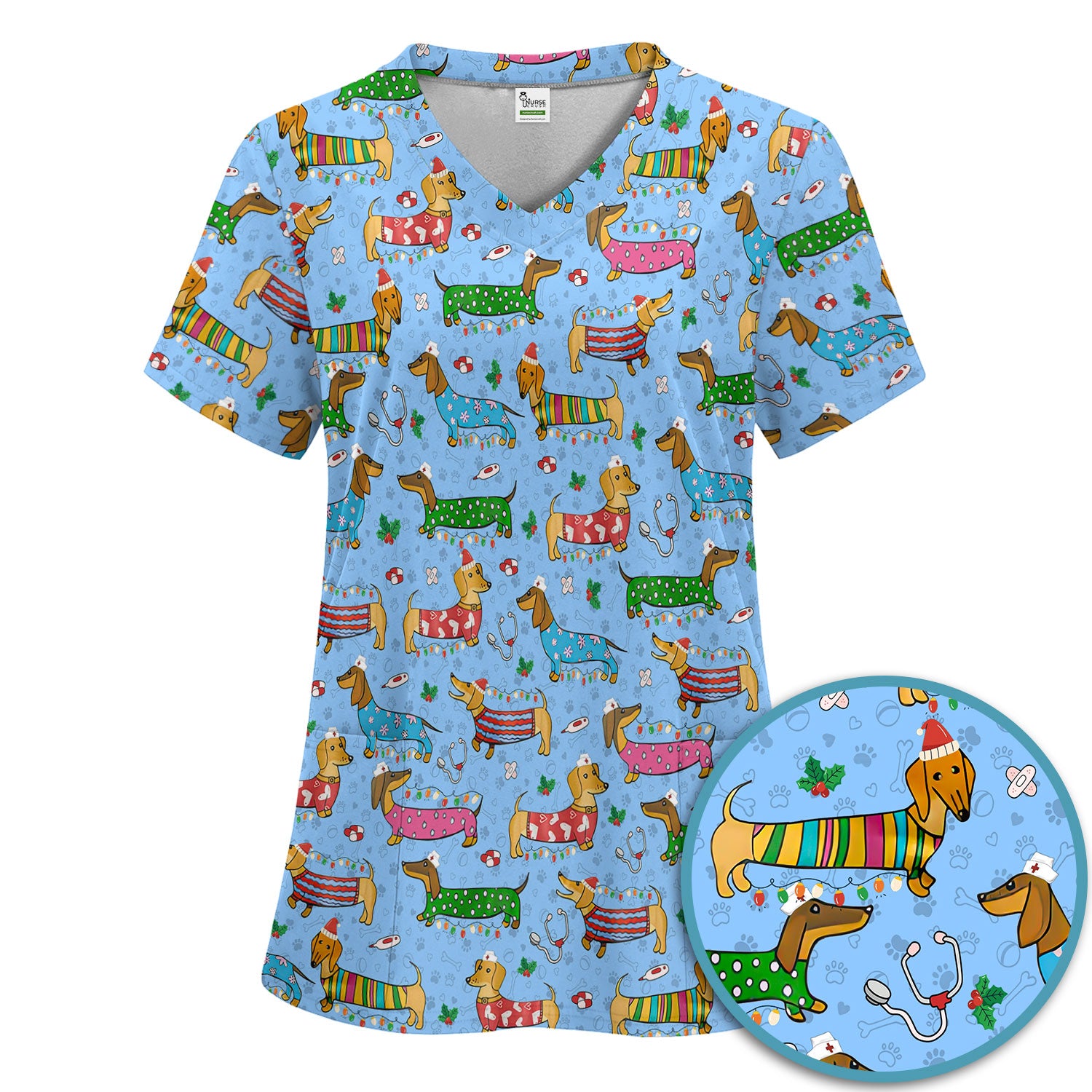 Christmas Dachshund Scrub Set for Nurses - Cute Wiener Dog in Holiday Outfit - Funny Medical Uniform Gift for Women RN LPN CNA