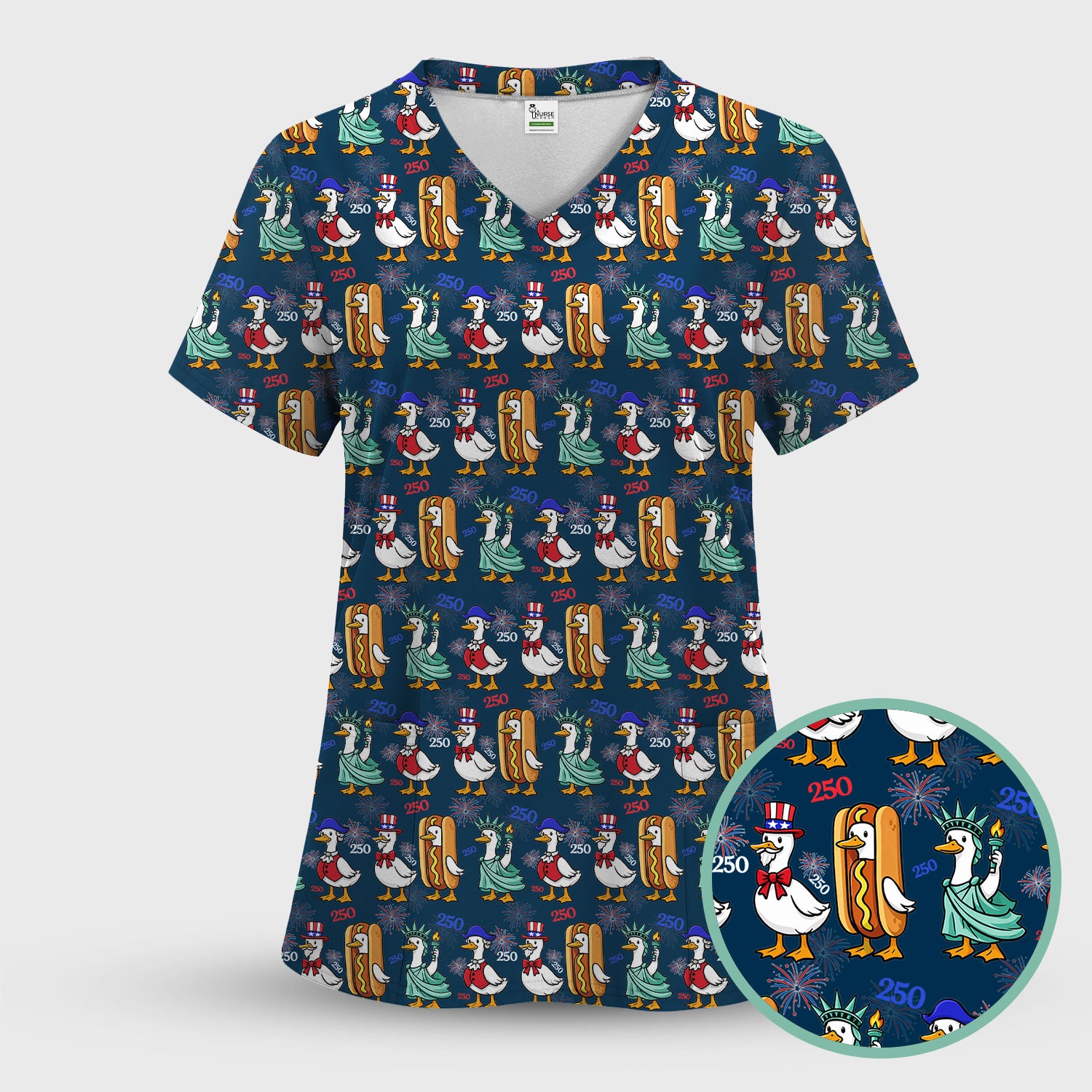 Patriotic Duck Independence Day Pattern Scrub Set, Scrub Pants and V Neck Top