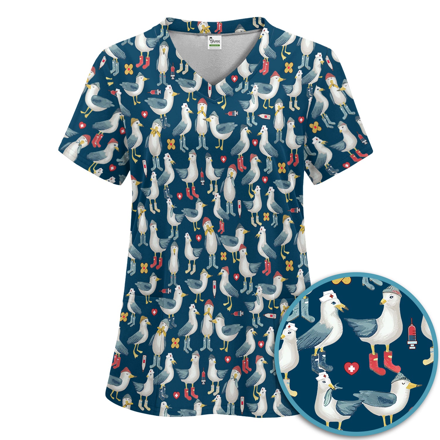 Seagull Scrub Set for Nurses - Adorable Birds Medical Uniform - Funny Scrubs Pants and V Neck Top for RN CNA LPN