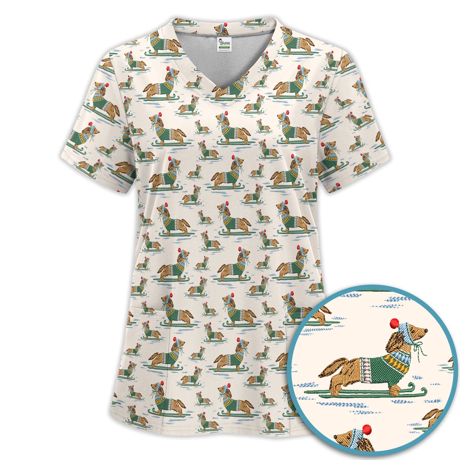 Dachshund Nurse Scrub Set, Wiener Dog Winter Pattern Shirt, Breathable Fabrics Nursing Uniform