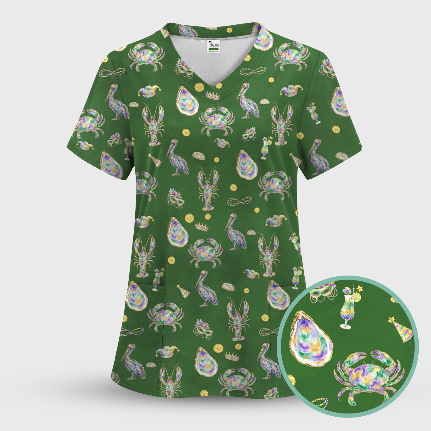Mardi Gras Seafood Nurse Scrub Top, Comfortable Uniform Scrubs For Nursing