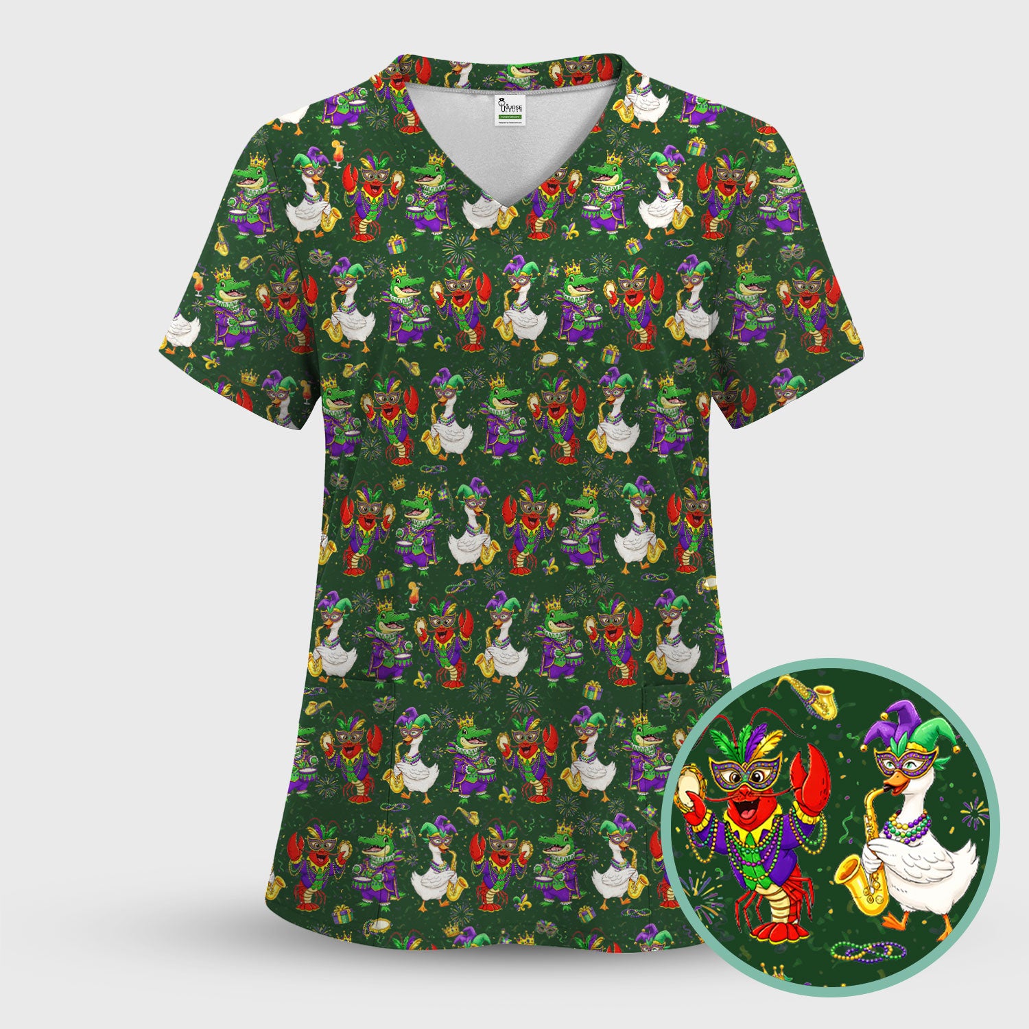 Crawfish And Duck Carnival Scrub Set, Mardi Gras Parade Pattern Nurse Shirt, Breathable Fabrics Nursing Uniform