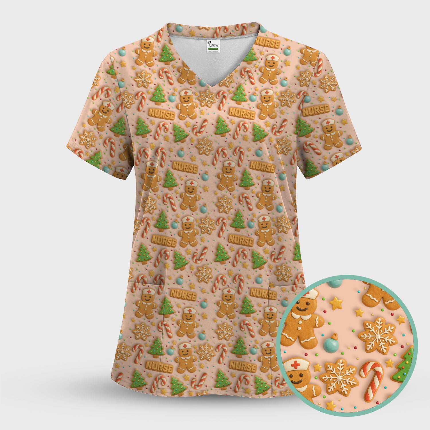 Christmas Gingerbread Scrubs for Women - Cute Holiday Cookie Pattern Medical Scrub Top - Festive Christmas Scrubs with Adorable Design