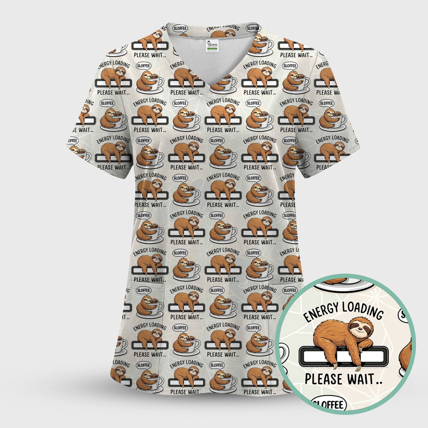 Funny Sloth Coffee Energy Loading Pattern Scrubs Top, Breathable Fabrics Nursing Uniform