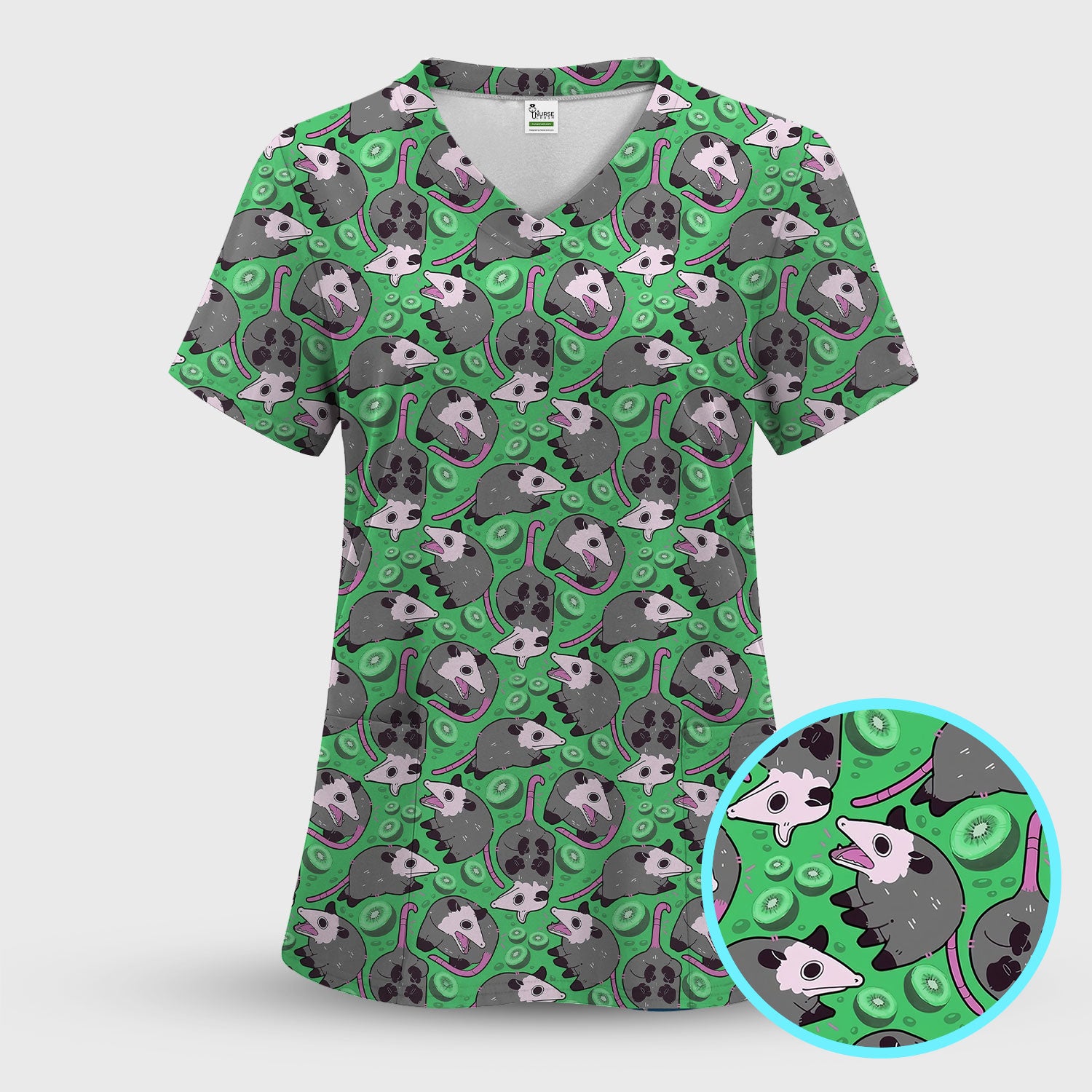Funny Opossum Kiwi Scrub Set, Quirky Cartoon Animal Scrub Pants and V Neck Top