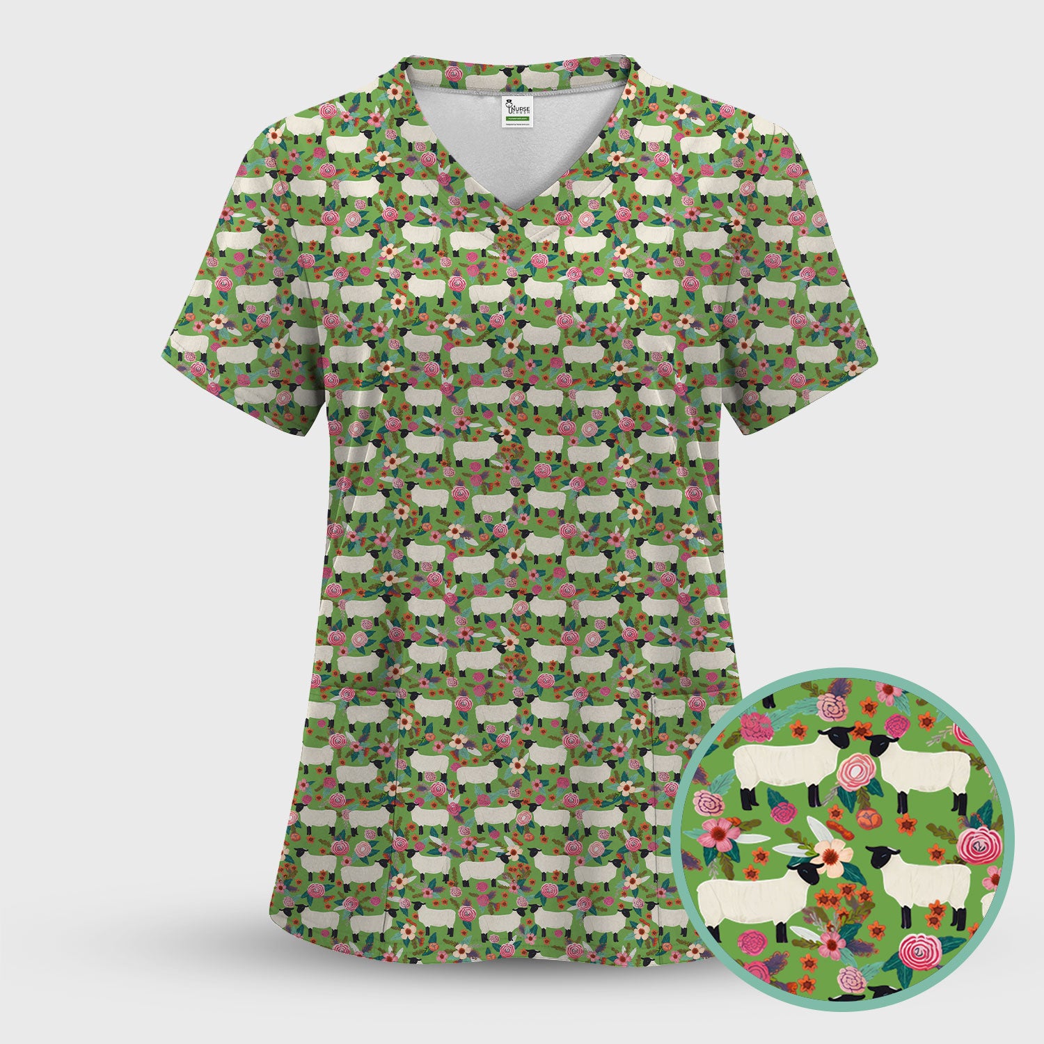 Cute Sheep Floral Meadow Pattern Scrub Set, Nurse Uniform Scrubs Set