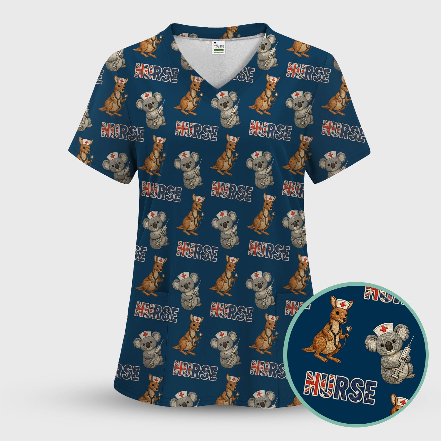Cute Koala Kangaroo Scrub Top, Australian Nurse Pattern Shirt,  Breathable Fabrics Nursing Uniform