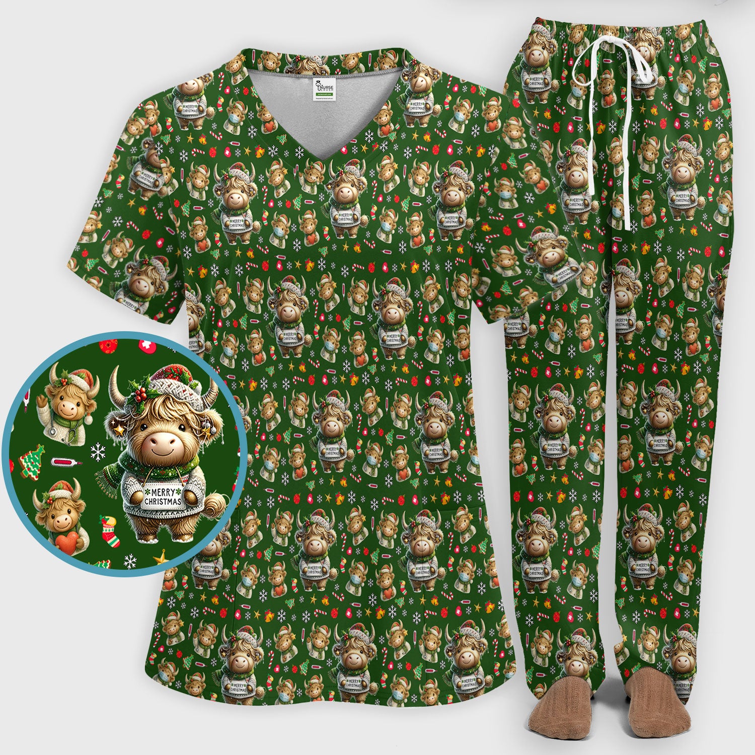 Highland Cow Christmas Scrub Set, Festive Cow Print Nurse Outfit, Holiday Medical Uniform For Women, Cute Veterinary Scrubs Gift