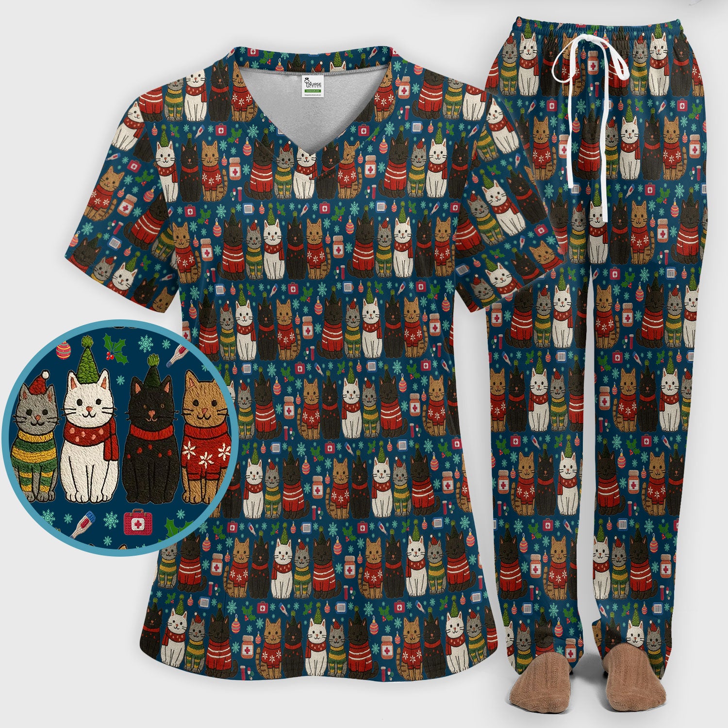 Christmas Cat Scrub Set, Festive Holiday Scrubs With Top And Pants, Cute Cat Lover Medical Uniform For Nurses And Doctors