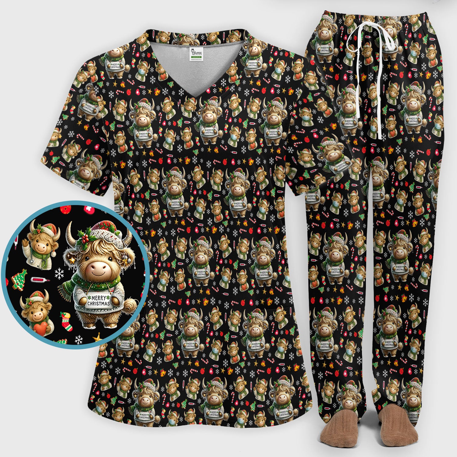 Highland Cow Christmas Scrub Set, Festive Cow Print Nurse Outfit, Holiday Medical Uniform For Women, Cute Veterinary Scrubs Gift