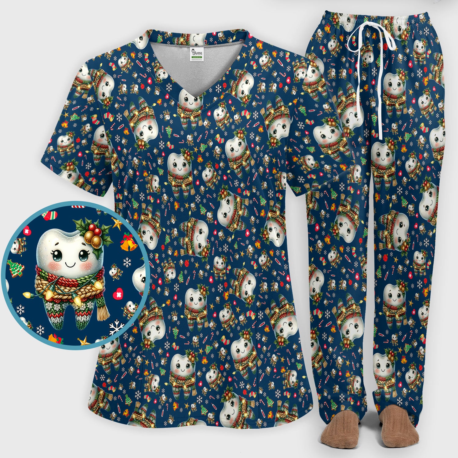 Funny Dental Christmas Scrub Set, Cute Christmas Tooth Print Scrubs Pants, Holiday Medical Uniform For Dentists and Hygienists