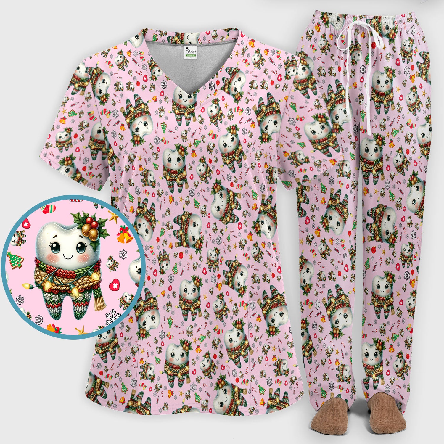 Funny Dental Christmas Scrub Set, Cute Christmas Tooth Print Scrubs Pants, Holiday Medical Uniform For Dentists and Hygienists