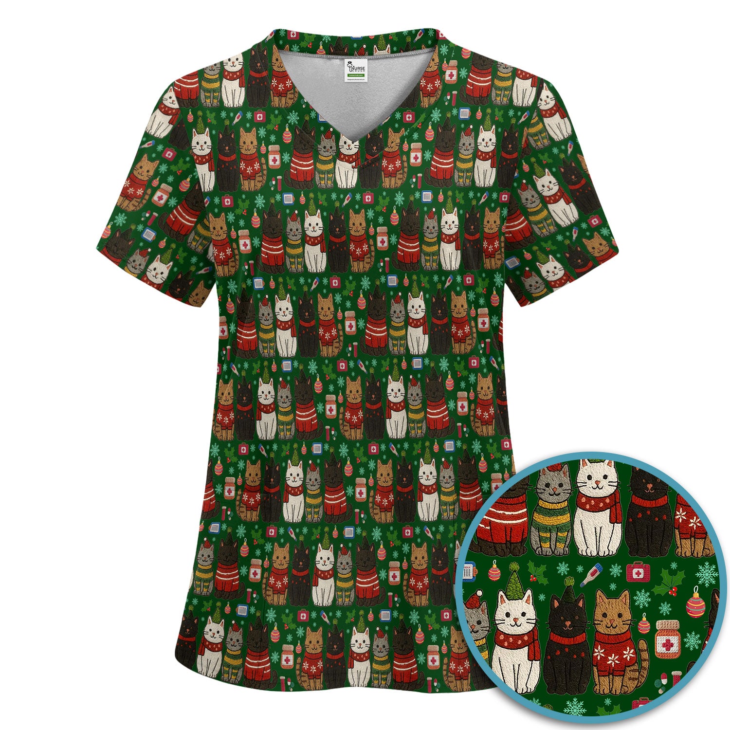 Christmas Cat Scrub Set, Festive Holiday Scrubs With Top And Pants, Cute Cat Lover Medical Uniform For Nurses And Doctors