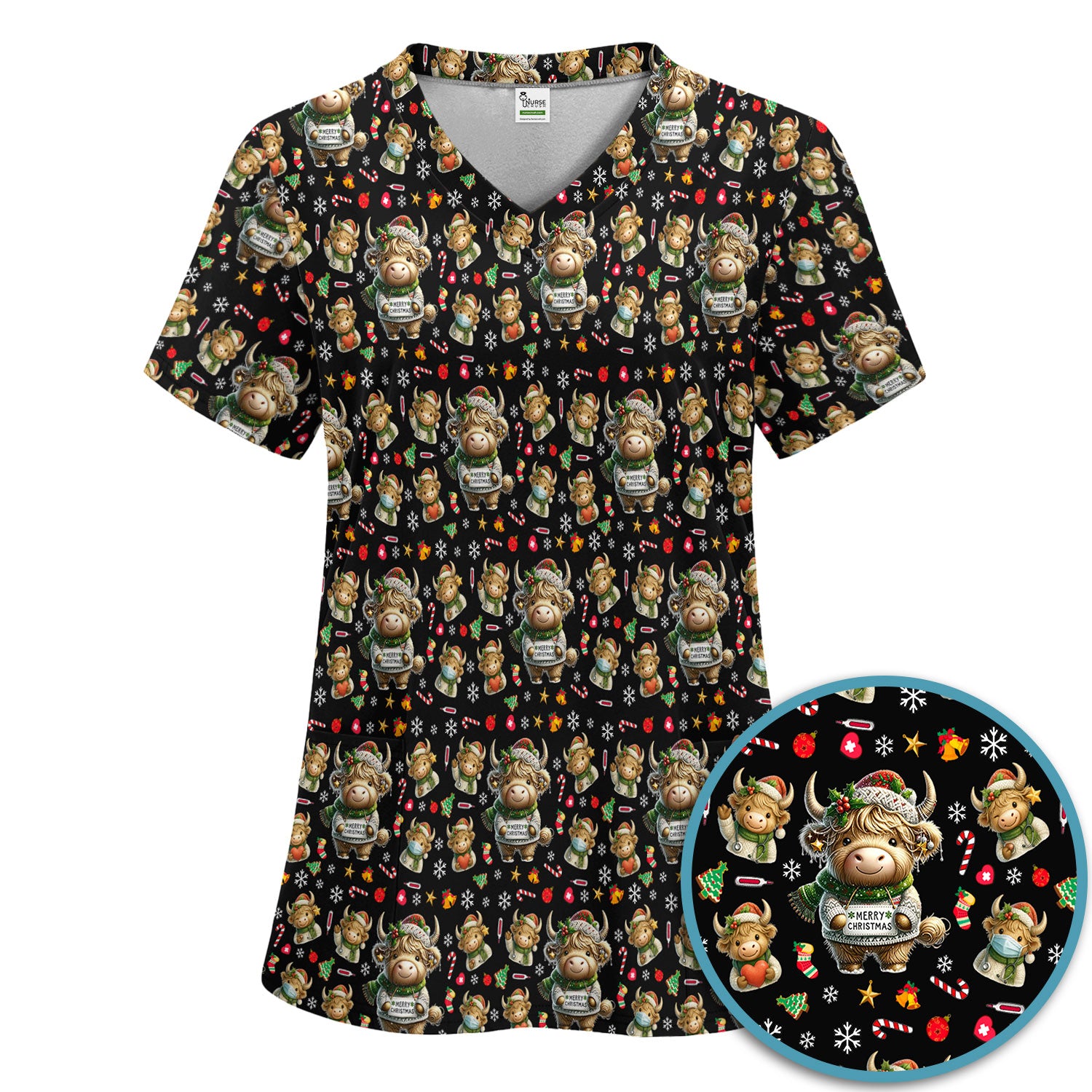 Highland Cow Christmas Scrub Set, Festive Cow Print Nurse Outfit, Holiday Medical Uniform For Women, Cute Veterinary Scrubs Gift