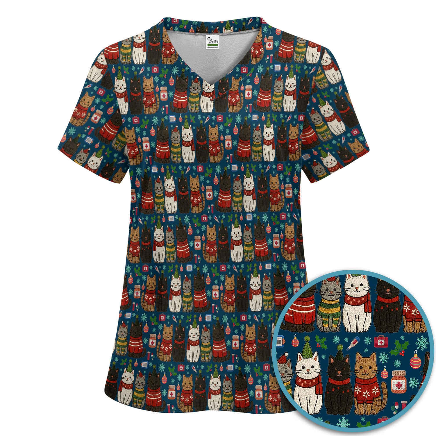 Christmas Cat Scrub Set, Festive Holiday Scrubs With Top And Pants, Cute Cat Lover Medical Uniform For Nurses And Doctors