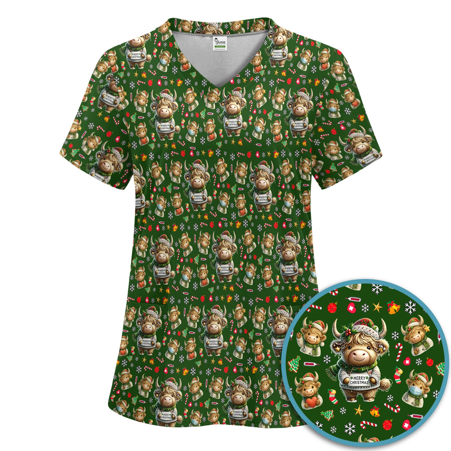 Highland Cow Christmas Scrub Set, Festive Cow Print Nurse Outfit, Holiday Medical Uniform For Women, Cute Veterinary Scrubs Gift