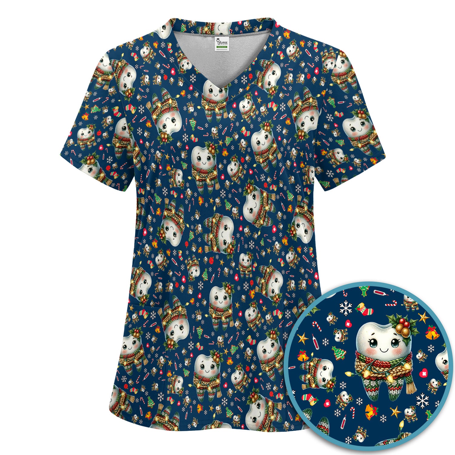 Funny Dental Christmas Scrub Set, Cute Christmas Tooth Print Scrubs Pants, Holiday Medical Uniform For Dentists and Hygienists