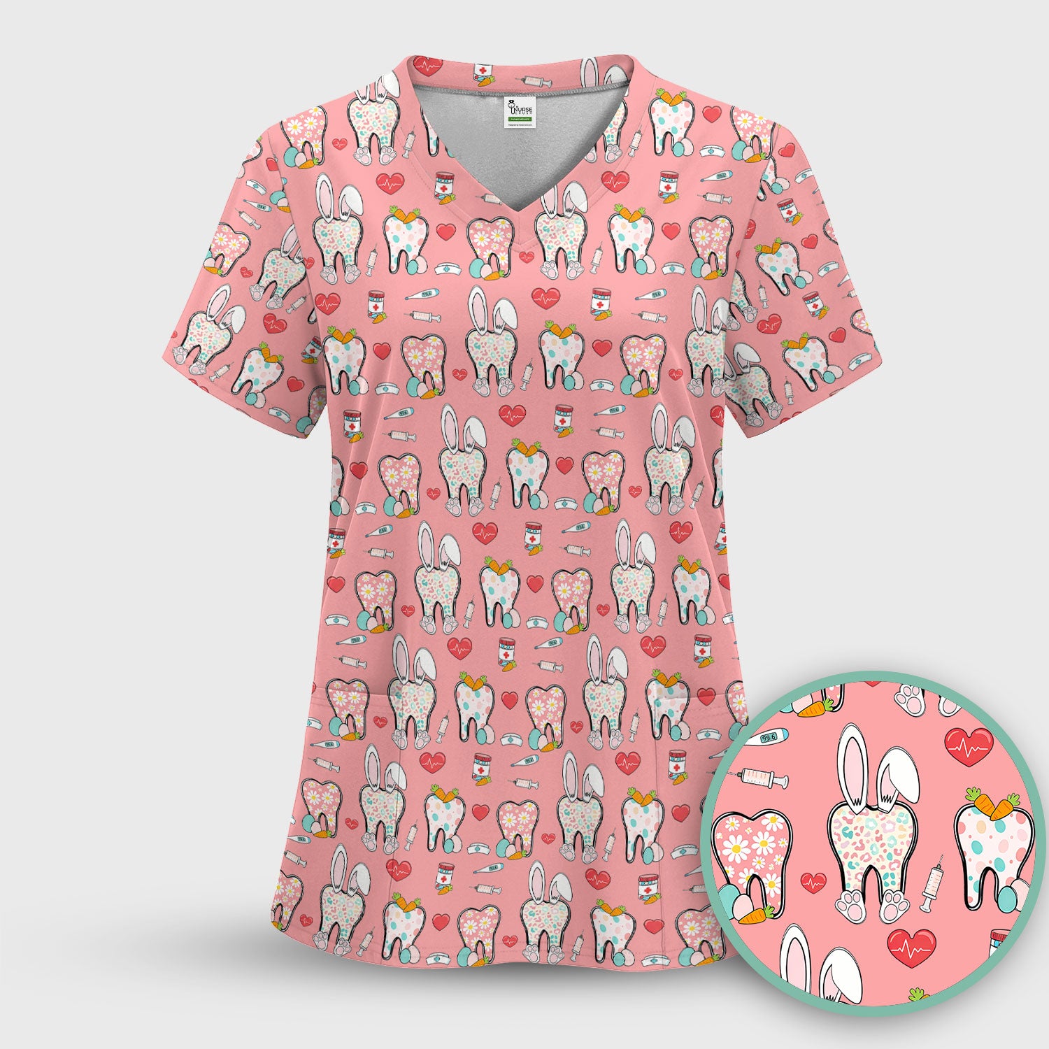 Playful Bunny Dentist Illustration Medical Scrub Top, Comfortable Scrubs for Nurses, Easter