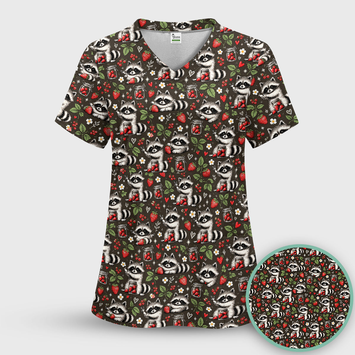 Cute Raccoons And Strawberries Pattern Scrub Top, Comfortable Scrubs for Nurses