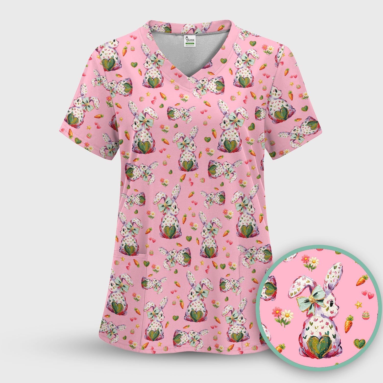 Cute Pastel Bunny Easter Pattern Scrub Top, Comfortable Scrubs for Nurses