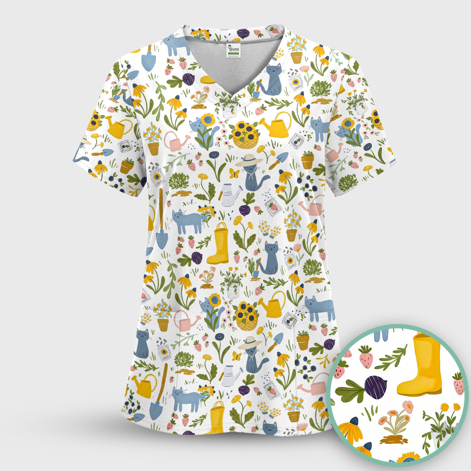 Cat Gardening Wildflower Tools Pattern Scrub Top, Comfortable Scrubs for Nurses