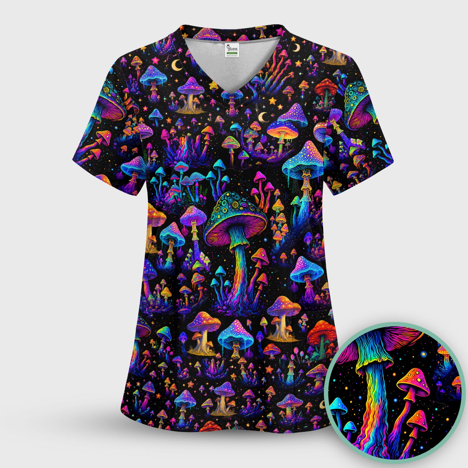 Neon Fantasy Mushroom Print Scrub Top, Comfortable Scrubs for Nurses