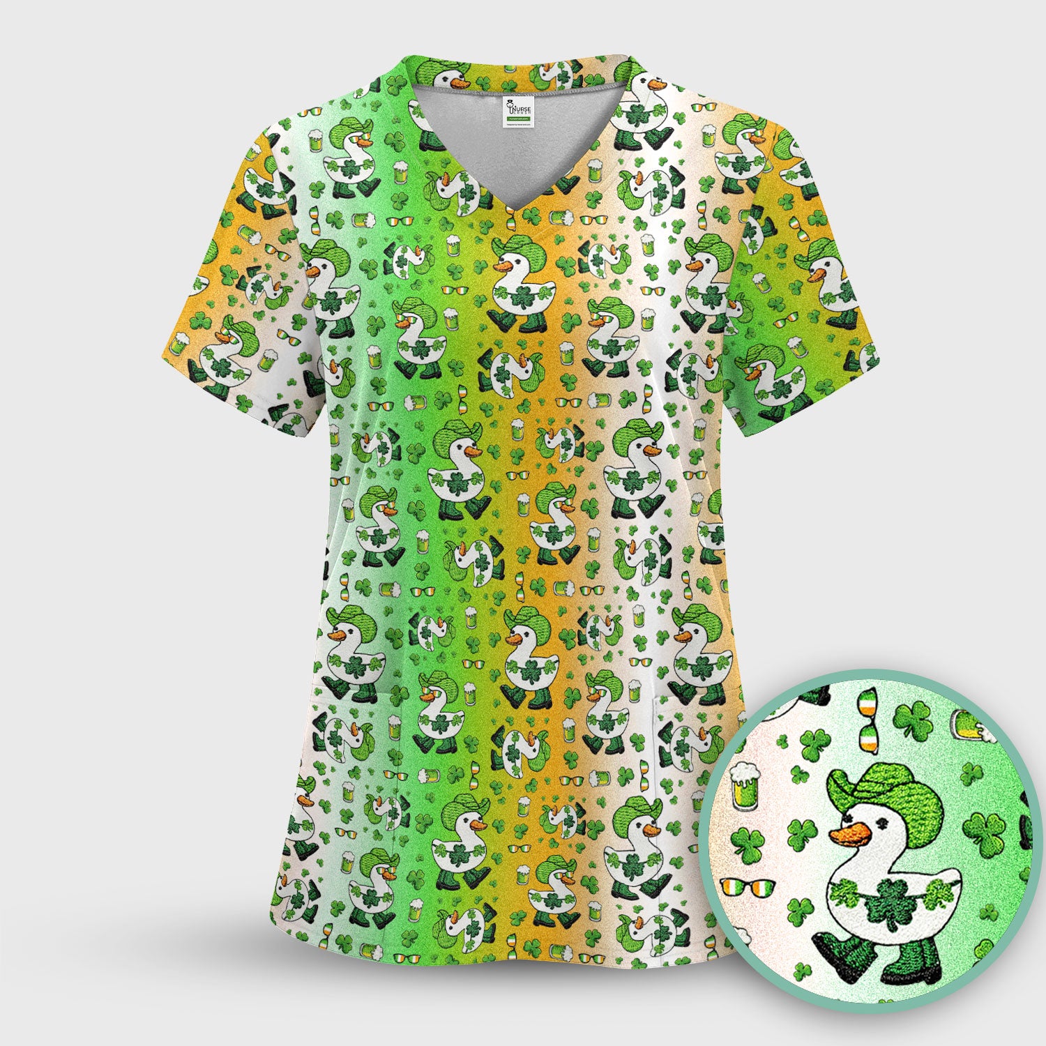 St. Patrick Goose Shamrock Medical Pattern Scrub Top, Breathable Fabrics Nursing Uniform