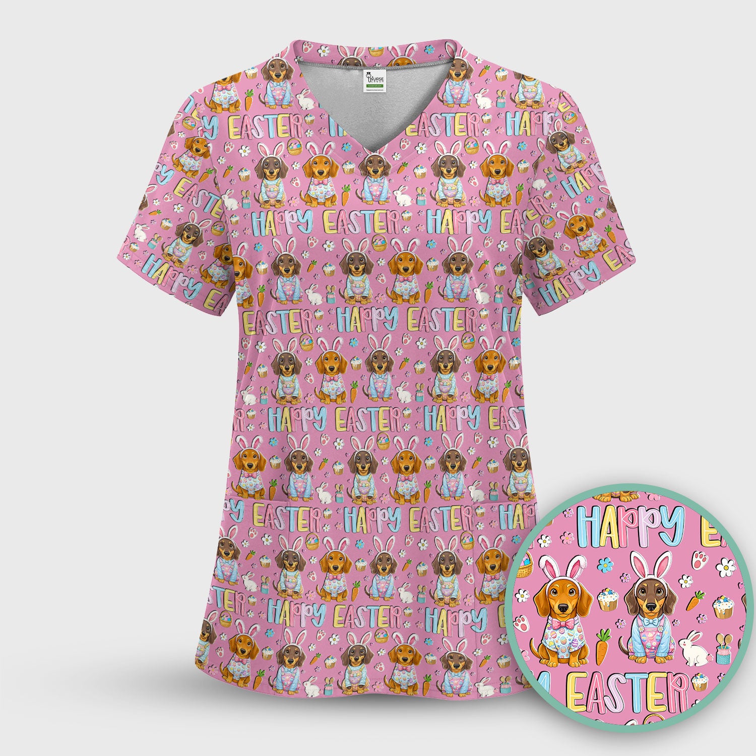 Happy Easter Dachshund Bunny Print Scrub Top, Comfortable Scrubs for Nurses