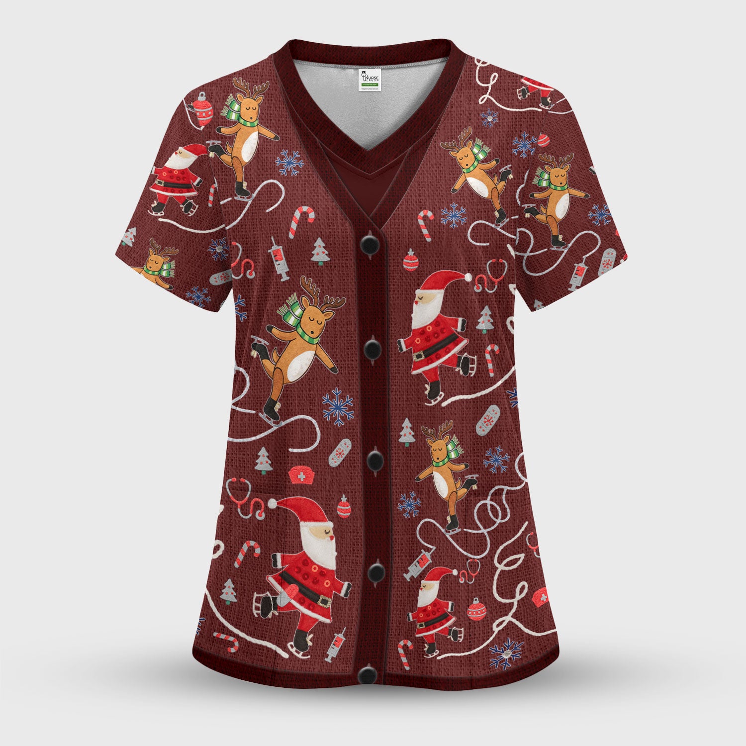Christmas Reindeer Santa Nurse Scrub Top, Cute Holiday Medical Uniform Shirt for Women