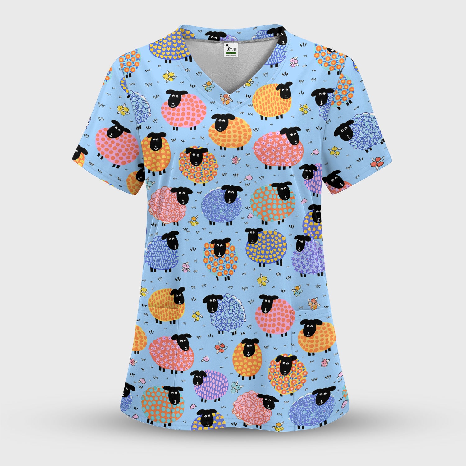 Funny Colorful Sheep Pattern Scrub Set, Scrub Pants and V Neck Top
