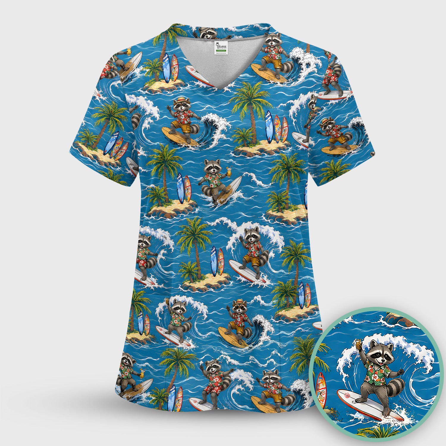 Tropical Surfing Raccoon Island Pattern Scrub Top, Comfortable Scrubs for Nurses