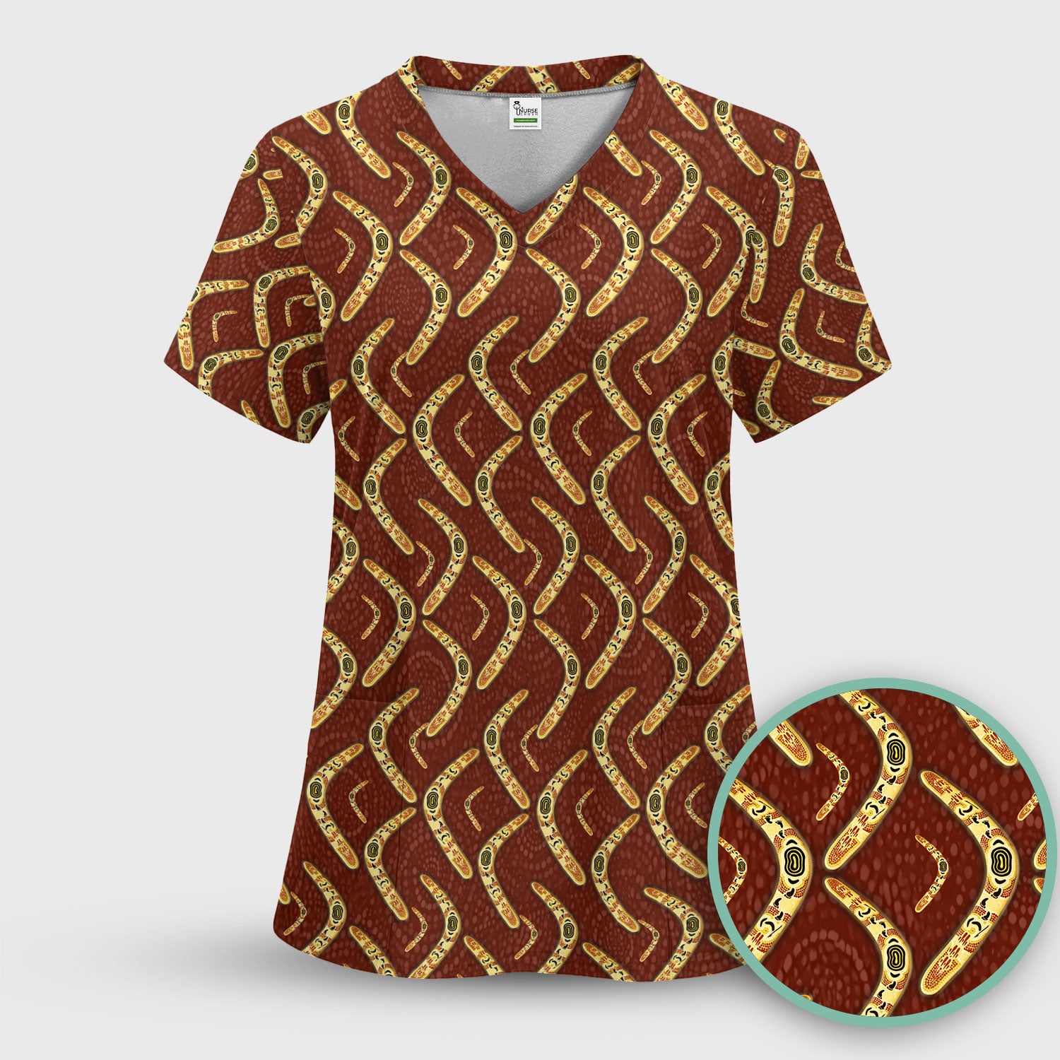 Aboriginal Boomerang Pattern Nurse Scrub Top, Breathable Fabrics Nursing Uniform
