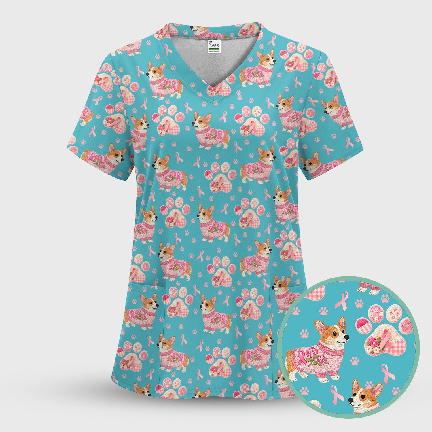 Floral Corgi Scrub Top for Women - Cute Dog Paw Print with Pink Ribbon Shirt - Breast Cancer Awareness October Gift
