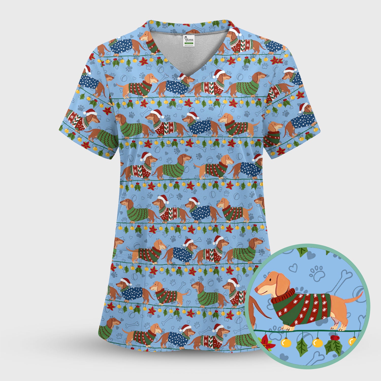 Christmas Dachshund Scrub Top - Cute Dog Print Scrubs for Women, Men Multi Color - Holiday Scrub Shirt Gift for Nurse, CNA, RN, Doctor
